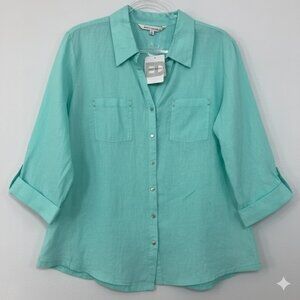 New Emily Daniels size XL Blue Turquoise Linen Blend Rolled Tab Button Down